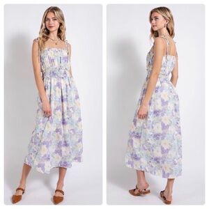 NWT Floral Smocked Waist Fully Lined Midi Dress Size Medium